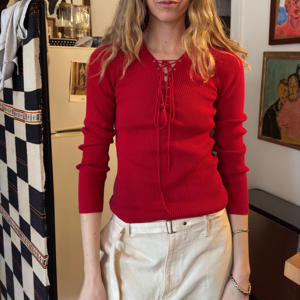 Red Lace-Up Ribbed Long-Sleeve Women's Top